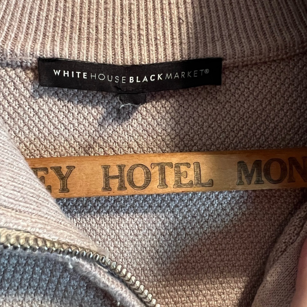 Whitehouse Black Market tan sweater. Zip up, half sleeves. Rounded bottom. - Picture 2 of 7